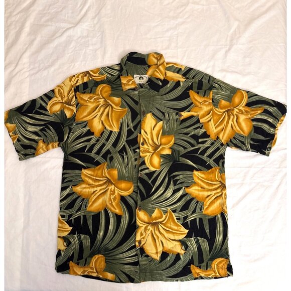 Other - VTG Relax Wear Mens Hawaiian Shirt L Floral Print Black & Yellow Button-Up